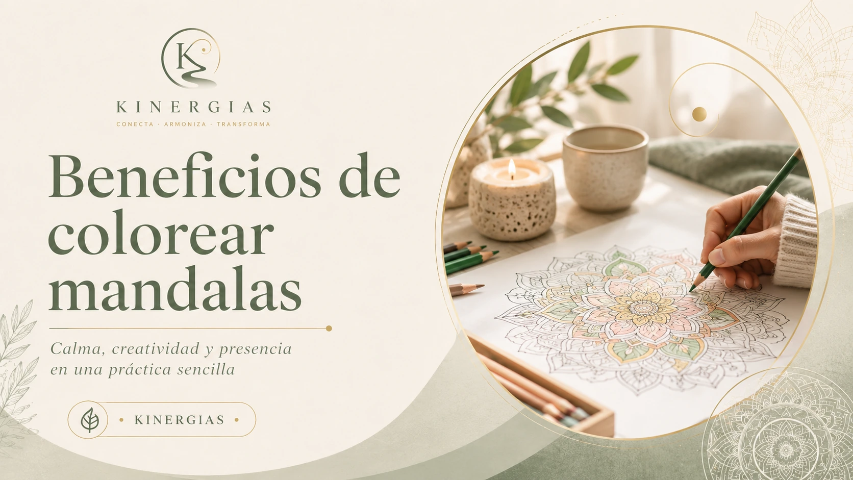 Mano coloreando un mandala en un espacio tranquilo con lápices y vela